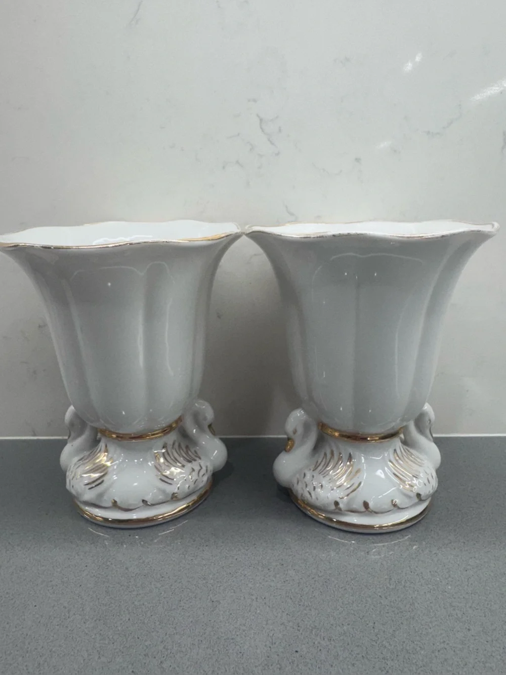 Pair (2) Vintage Gold Castle White Porcelain Double Swan Vase,made in Japan